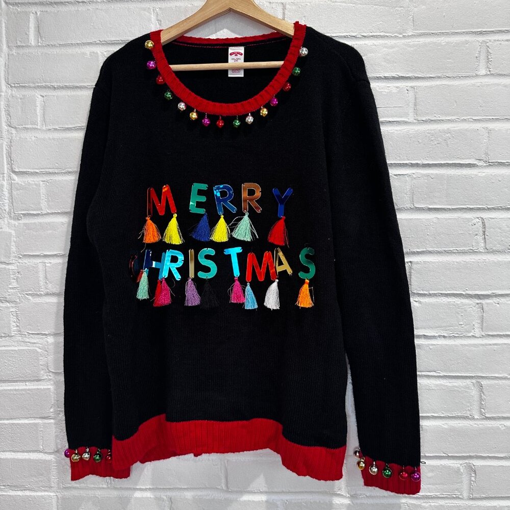 Vintage Merry Christmas Sparkly Bell And Tassels Ugly Christmas Sweater XXL
